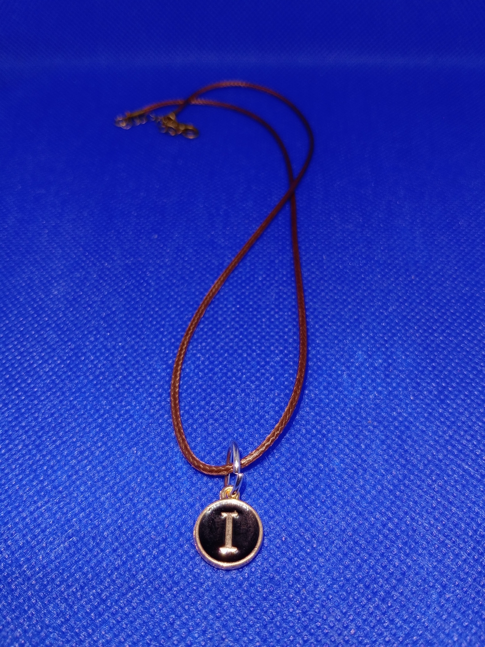 Initial 'I' Pendant Necklace in Brown Cord